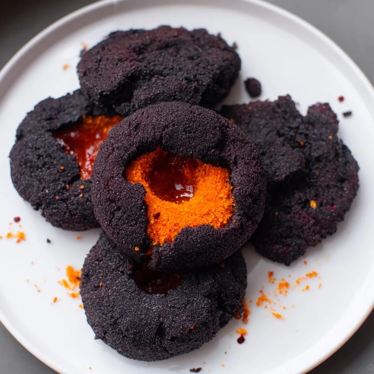 Sharing a batch of Volcanic Flow: The striking black crackers contrast a bright red, hot pepper jelly crater.