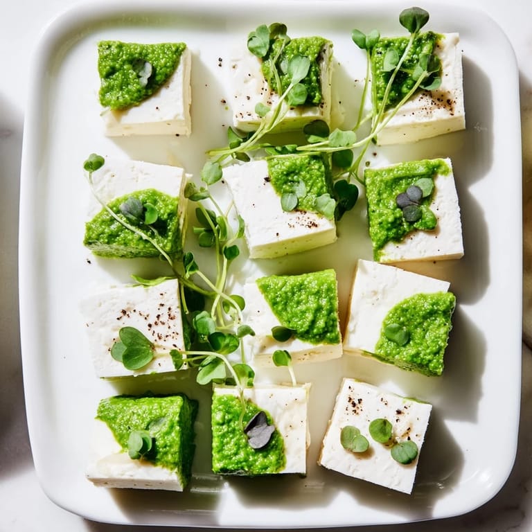 Arranged The Checkerboard Garden featuring mozzarella, ricotta, feta, and vibrant herb squares, ready for serving.