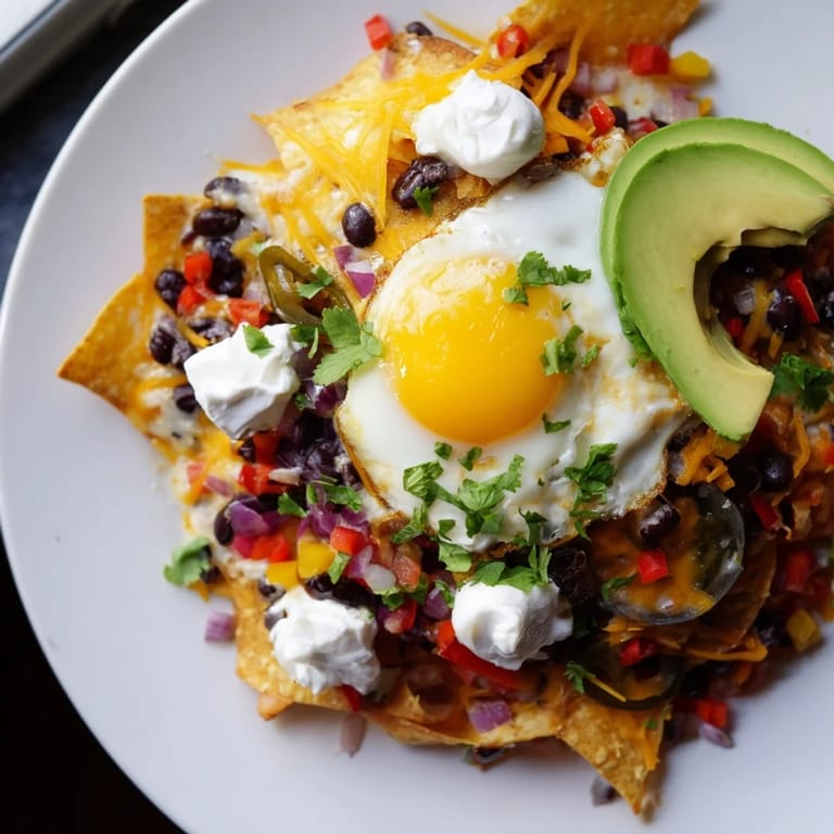 A vibrant plate of Tex-Mex delight: Egg-Topped Breakfast Nachos with fresh avocado and cilantro.