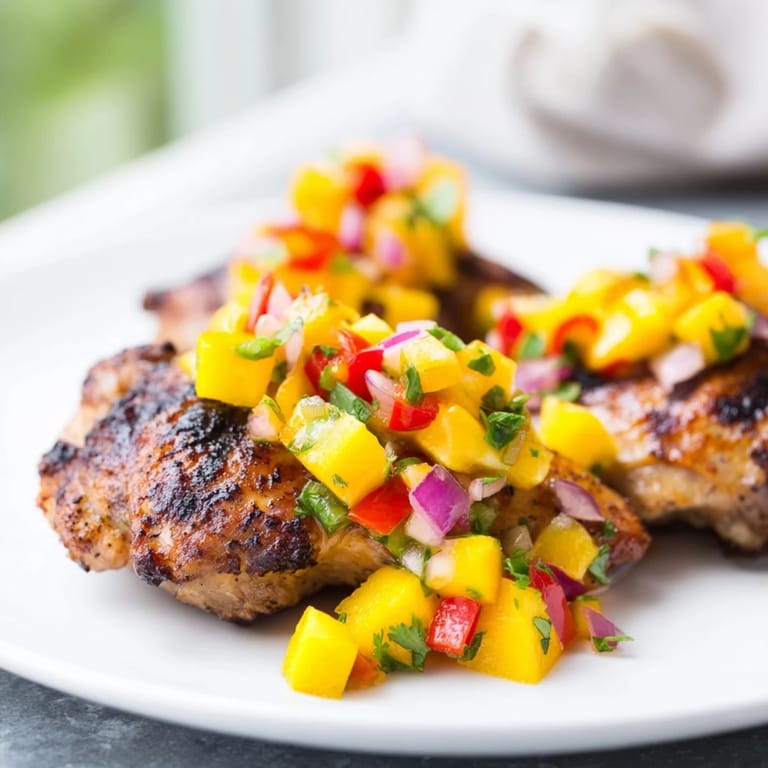 Tempting view of Grilled Mango Salsa Chicken: tender chicken with a generous mango salsa topping, ready to eat.