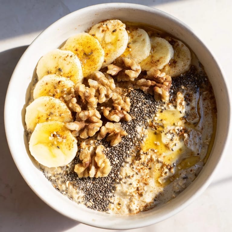 A bowl of delicious, warm microwave banana oats, perfect for a cozy, healthy breakfast, ready in minutes.