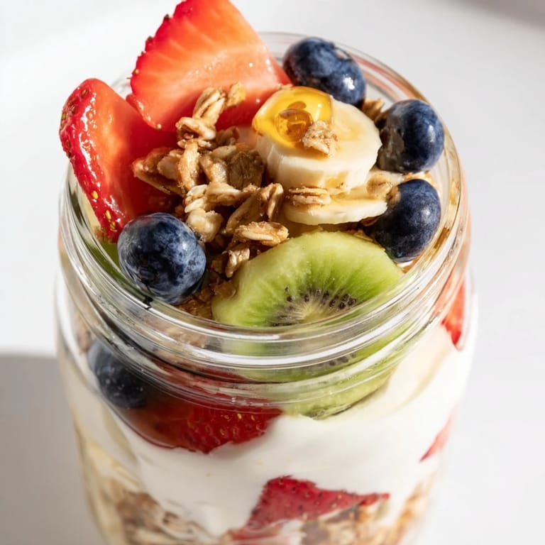 Enjoy a delicious and healthy Layered Yogurt Fruit Parfait, brimming with colorful fruit and granola.