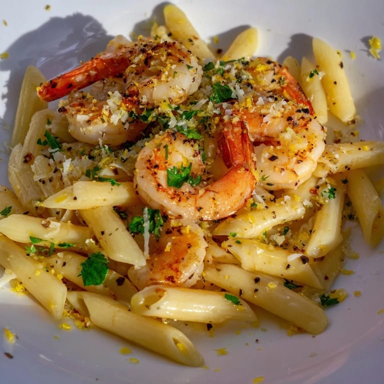 Close-up of garlic shrimp penne, showcasing perfectly cooked shrimp and al dente pasta with a creamy sauce.