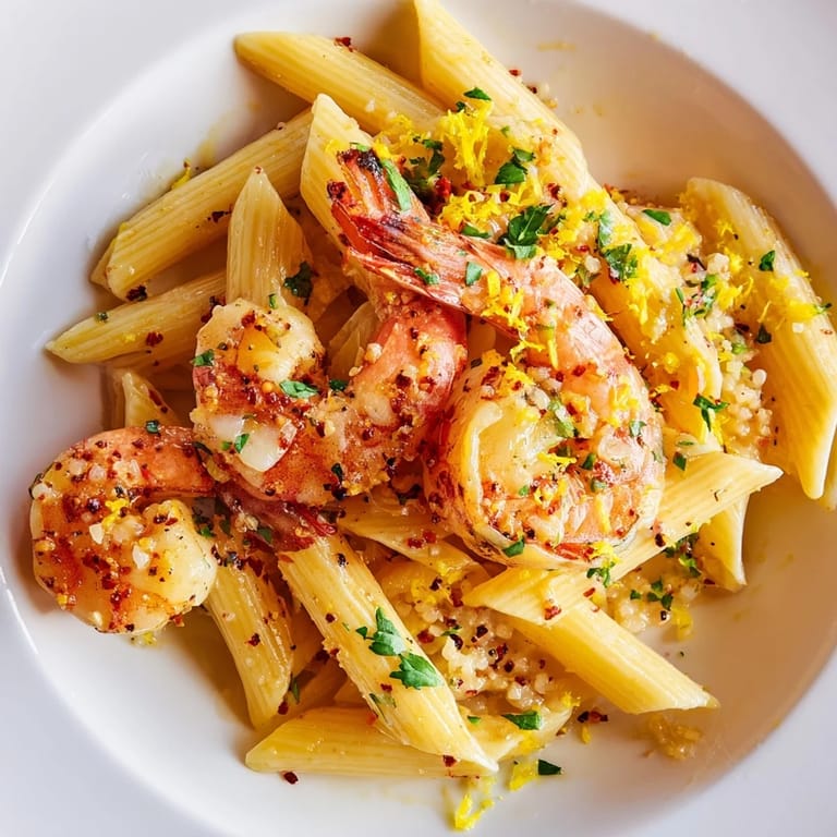 Plated garlic shrimp penne, a pescatarian delight with fresh parsley, ready for a delightful, satisfying meal.