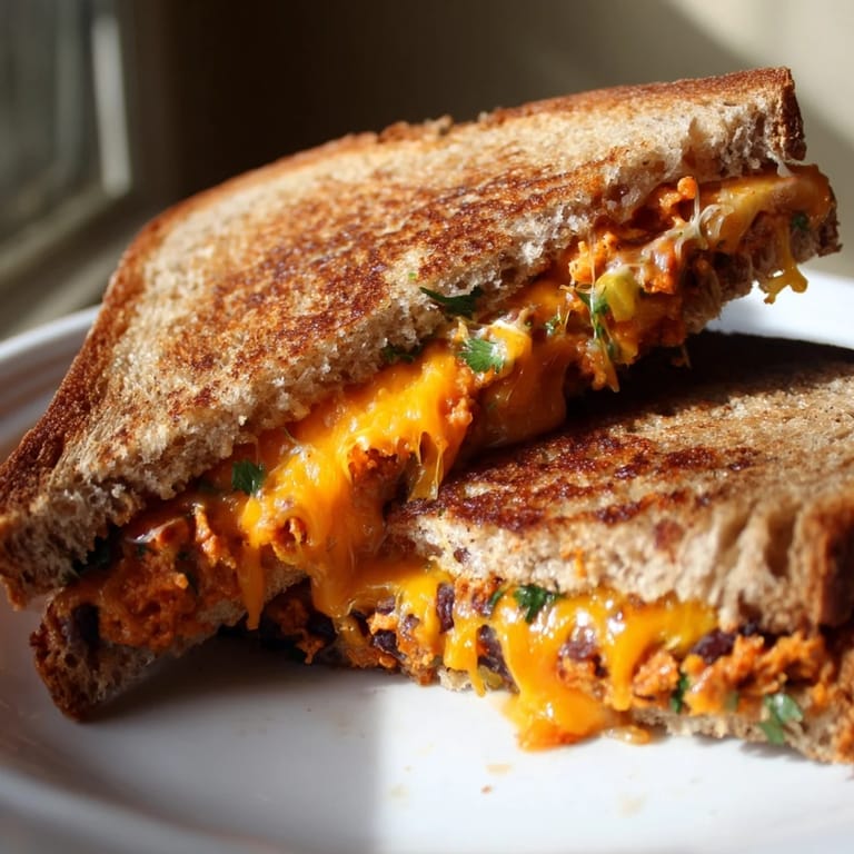 A tempting view of a hearty Black Bean Grilled Cheese, ready to be sliced and enjoyed immediately.