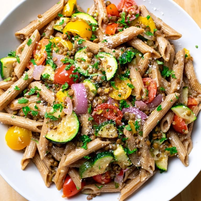 Vibrant Lentil Pasta with Vegetables offers a healthy and delicious Mediterranean experience.