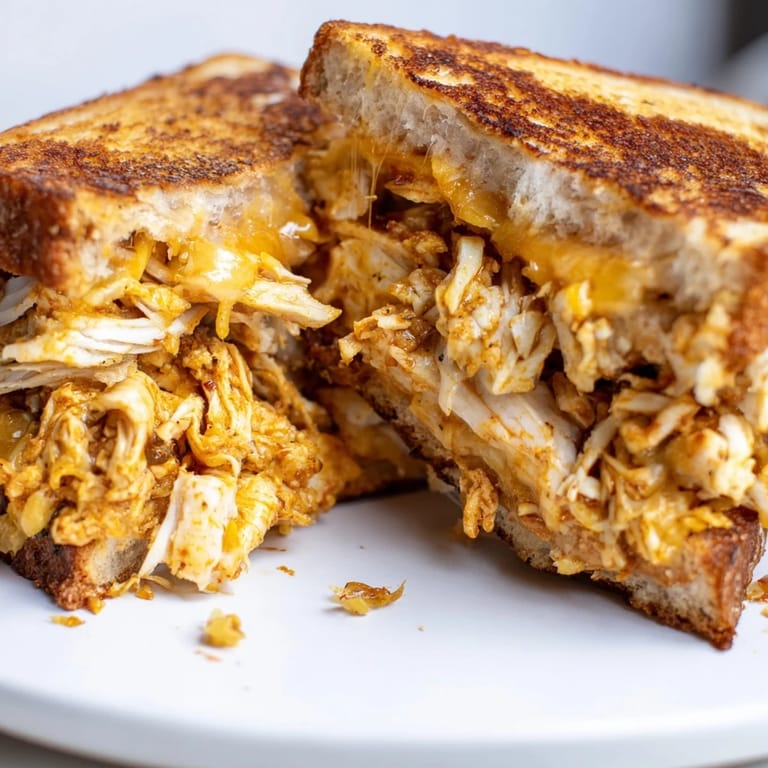 Close-up of a generously filled Spicy Crispy Chicken Sandwich Grilled Cheese, ready to be sliced and devoured.