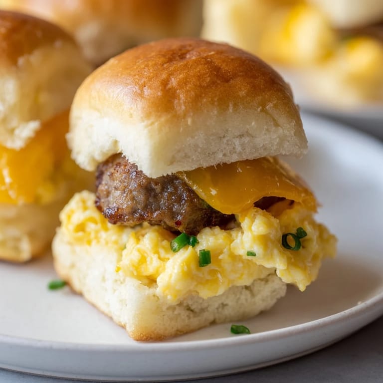 Perfectly assembled mini breakfast sliders featuring fluffy eggs, a sausage patty, and melted cheddar cheese are served.