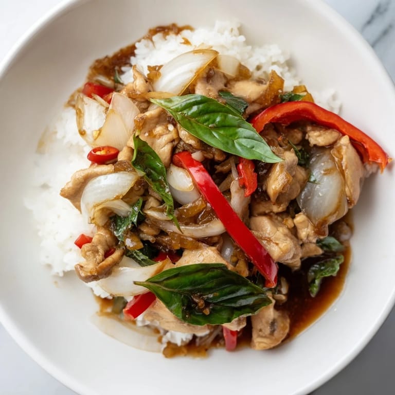 A close-up view of flavorful Thai Basil Chicken Bowls with lime wedges, perfect for a quick, delicious dinner.