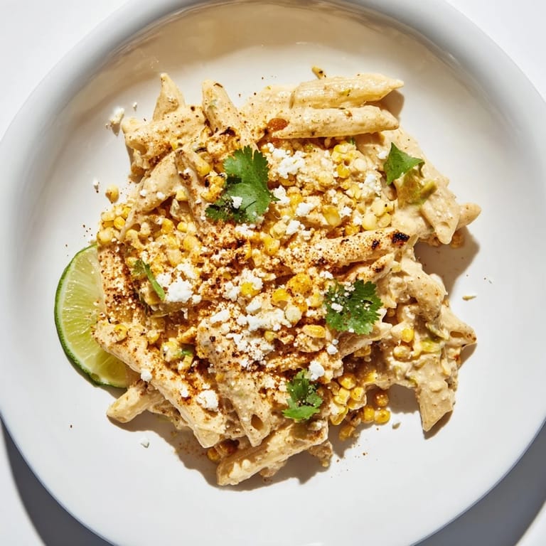 Delicious Mexican Street Corn Pasta, beautifully plated, with lime wedges for a final, zesty touch.