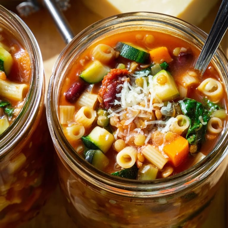 Visual of Minestrone Soup in a jar with sun-dried tomatoes and herbs, ideal for easy meal prep and a comforting hot lunch.