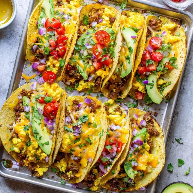 Sizzling Sheet Pan Breakfast Tacos topped with fresh cilantro, salsa, and red onions.