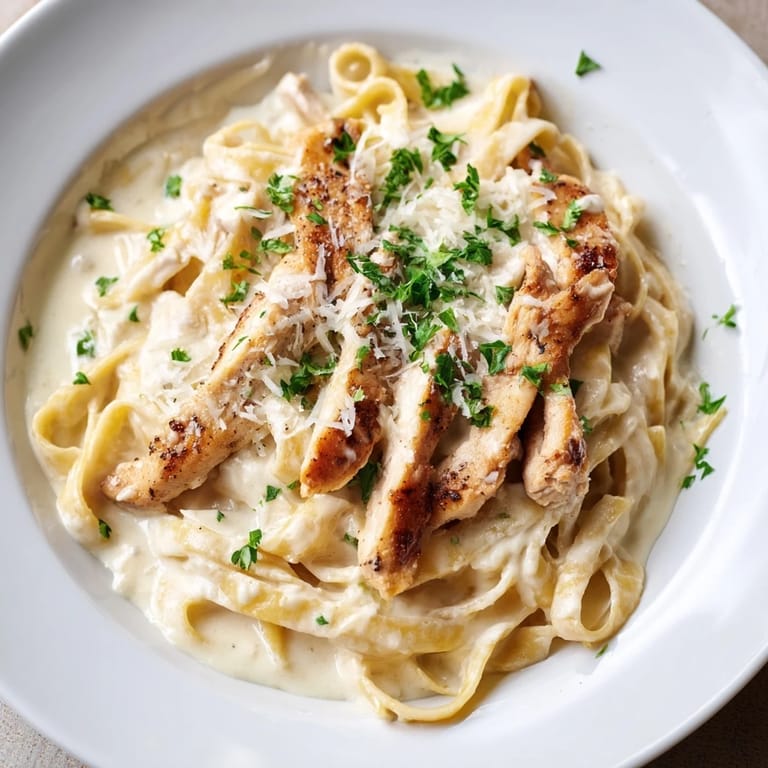 A steaming single-skillet meal featuring juicy chicken breast coated in rich Alfredo sauce, with pasta twisted in a velvety, nutmeg-scented cream and freshly grated Parmesan, ready to serve.  
