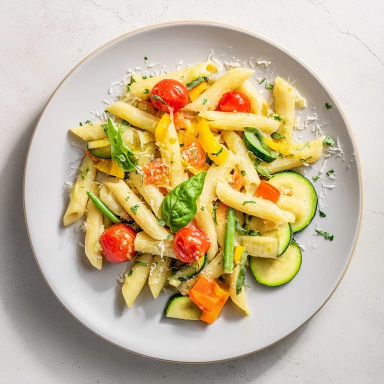Hearty One-Pot Pasta Primavera served in a white bowl, featuring a medley of vibrant vegetables in a rich sauce.  