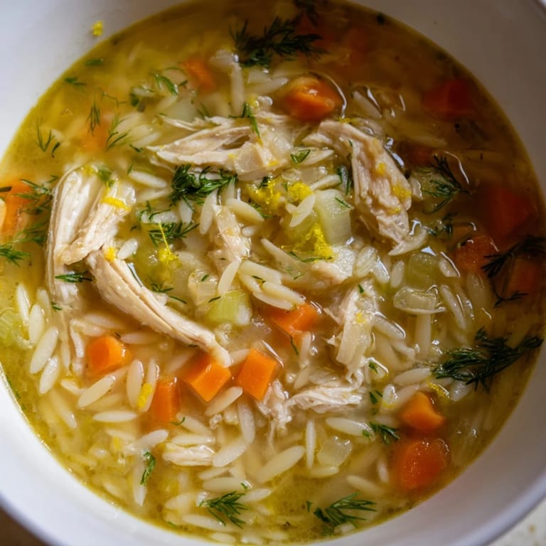 A close-up view shows tender chicken and orzo pasta swimming in a bright, savory broth with vegetables.