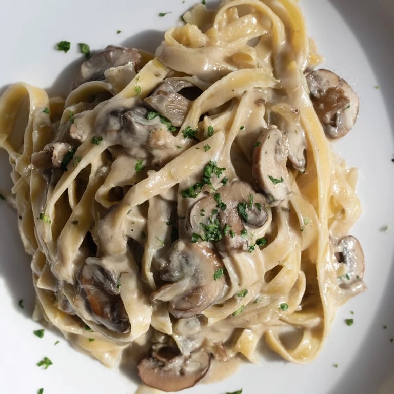 Steaming bowl of Creamy Mushroom Alfredo featuring tender fettuccine coated in a rich, velvety Parmesan sauce with mushrooms.
