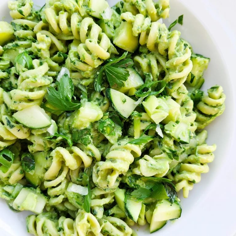 A close-up of vibrant Green Goddess Pasta Salad, showing glossy dressing coating fusilli, spinach, and finely chopped parsley and chives.