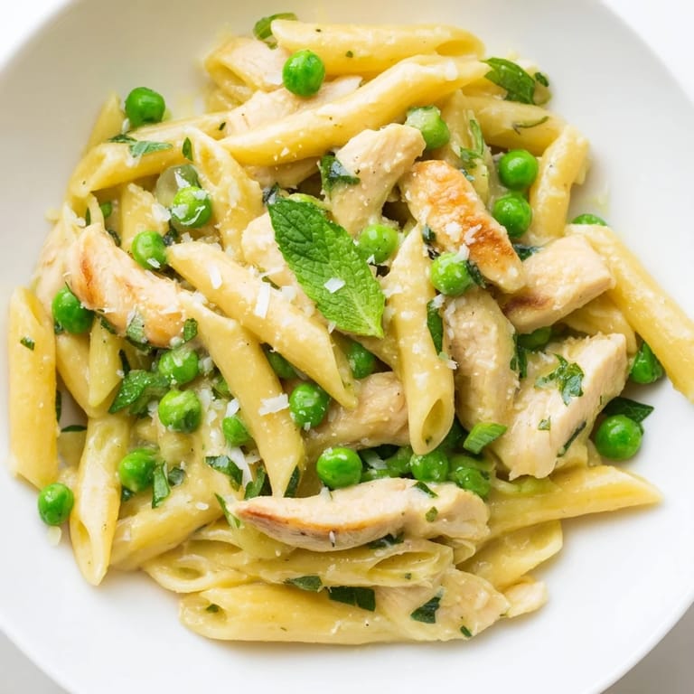 A close-up view of steaming Pea & Mint Chicken Pasta, showcasing golden chicken strips and vibrant peas in a creamy Parmesan sauce.  