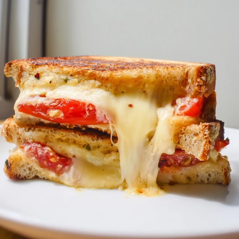 Two servings of spicy Pepper Jack & Tomato Grilled Cheese paired with a bowl of creamy tomato soup.  