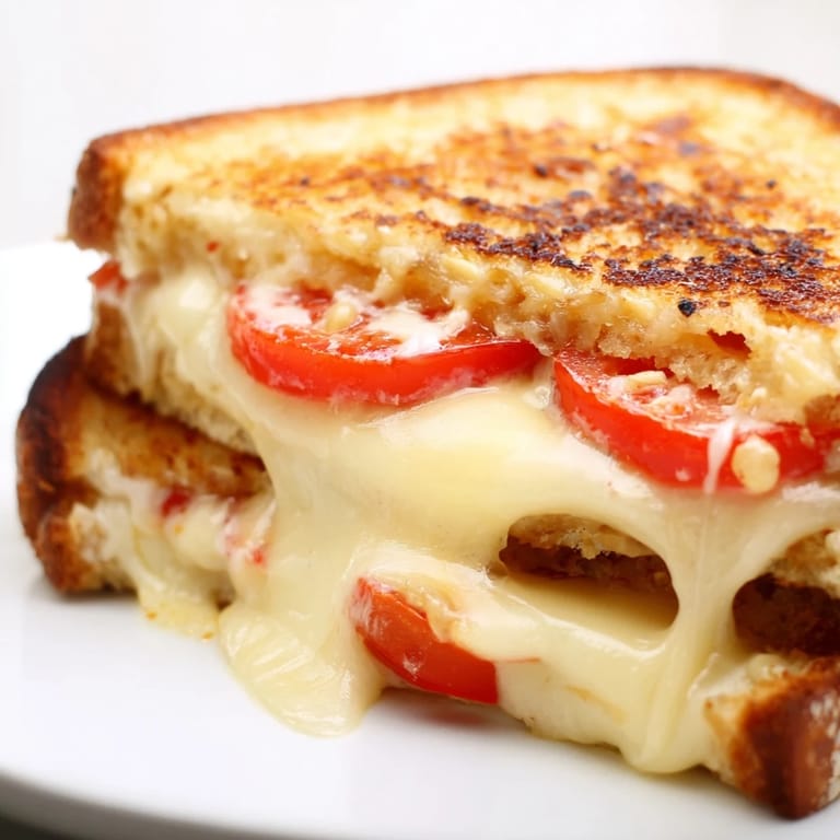 Perfectly grilled Pepper Jack & Tomato Grilled Cheese halves showing gooey pepper jack and vibrant red tomatoes.