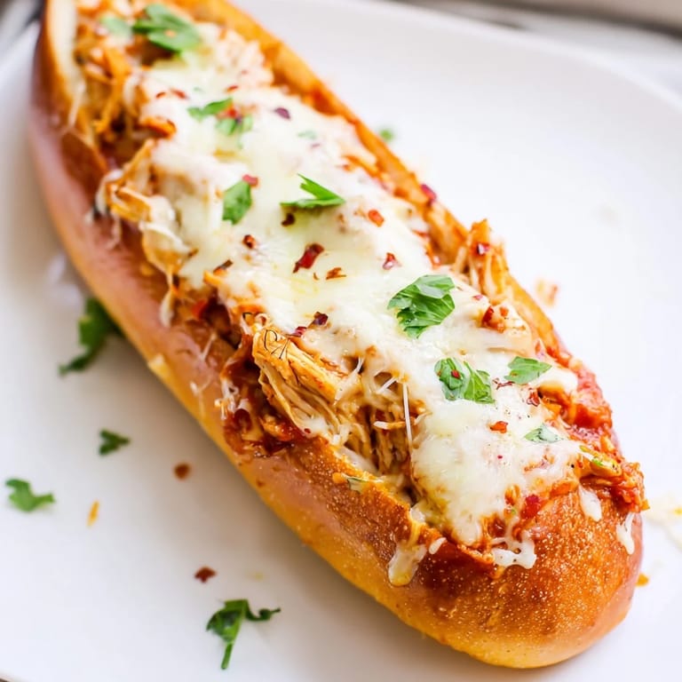 Sliced cheesy garlic bread boats revealing the savory chicken marinara filling, garnished with fresh parsley for a delicious family-friendly meal.