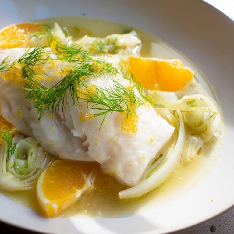 A close-up of bright Mediterranean-style poached cod with fennel and orange, garnished with fresh herbs.  