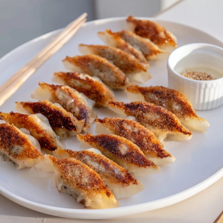 A plate of smashed gyozas with a steamy dipping sauce, garnished with sesame seeds and fresh cilantro for an appetizer.