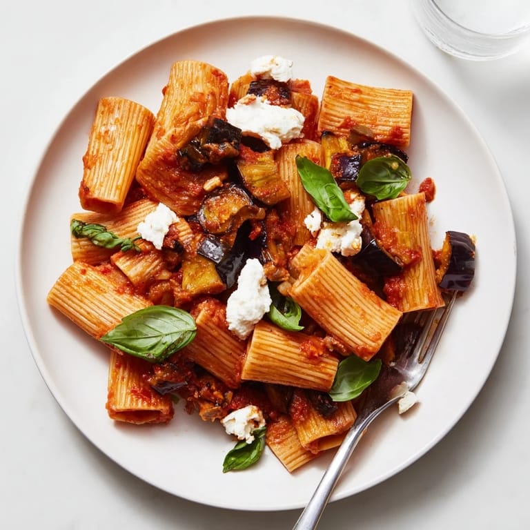 Pasta Alla Norma served in a rustic bowl, garnished with fresh basil leaves and a light dusting of grated Sicilian cheese.  