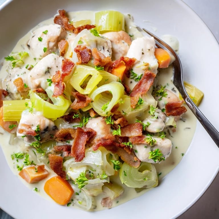 Steaming slice of Chicken and Leek Pie revealing creamy chicken, leeks, and smoky bacon filling.