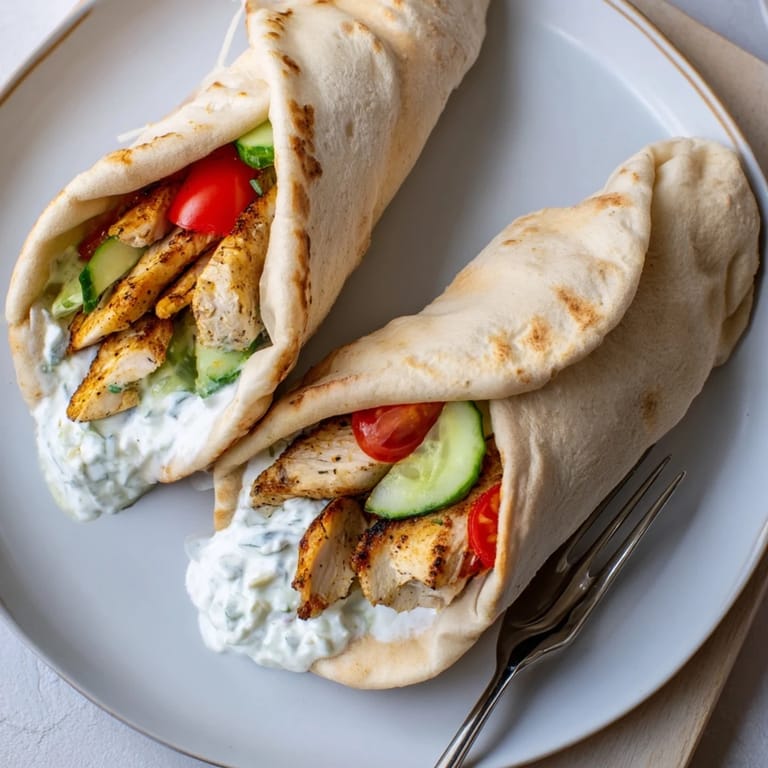 A delicious Greek Chicken Wrap cut in half, revealing layers of tzatziki sauce, grilled chicken, and vibrant fresh vegetables.