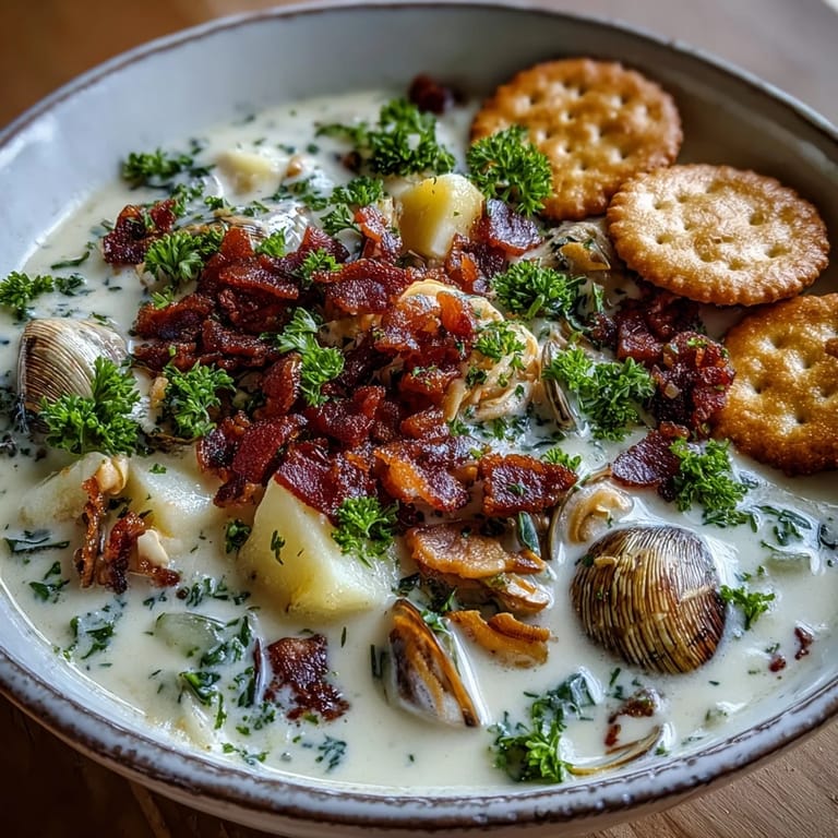 Steaming pot of New England Clam Chowder paired with crusty bread for dipping on the side.