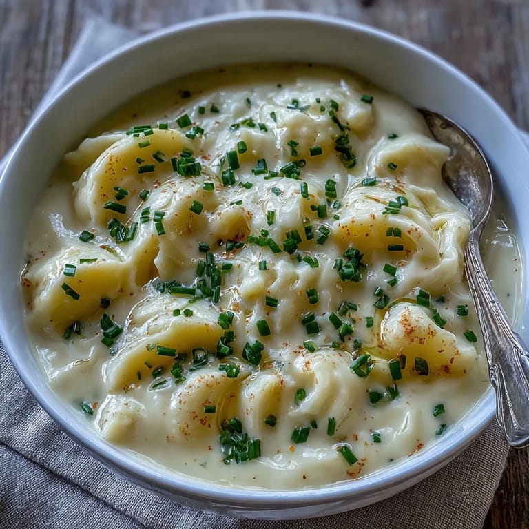 A bowl of velvety potato leek soup topped with chives, sitting on a wooden table with a crusty bread slice.