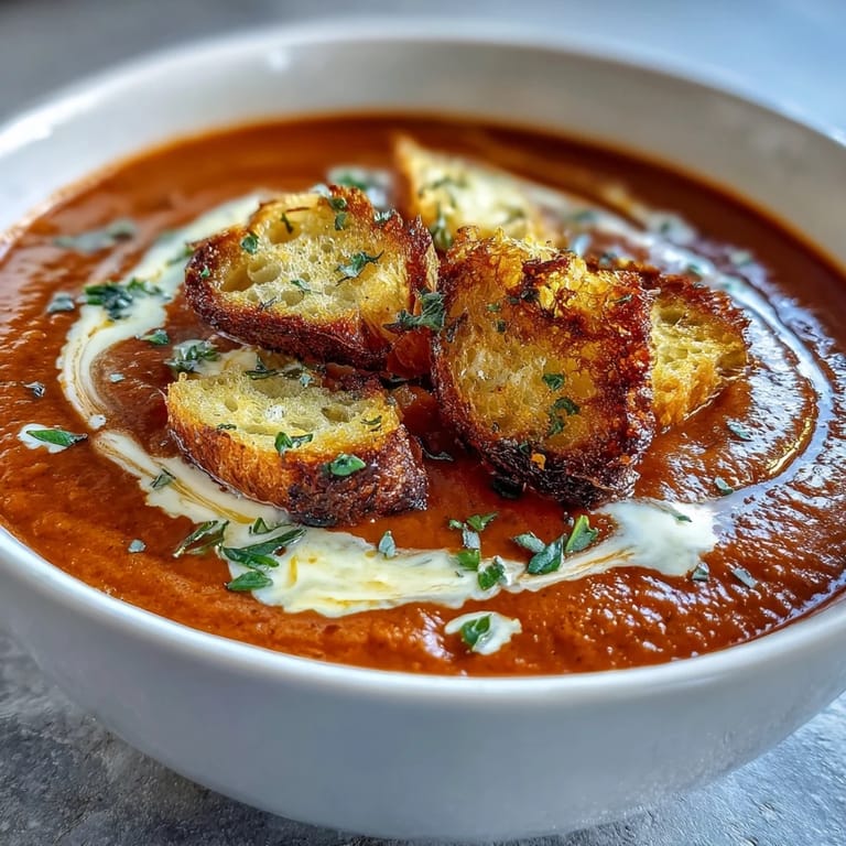 A spoon dipping into rich, velvety Creamy Roasted Tomato Soup with fresh basil and crunchy croutons.
