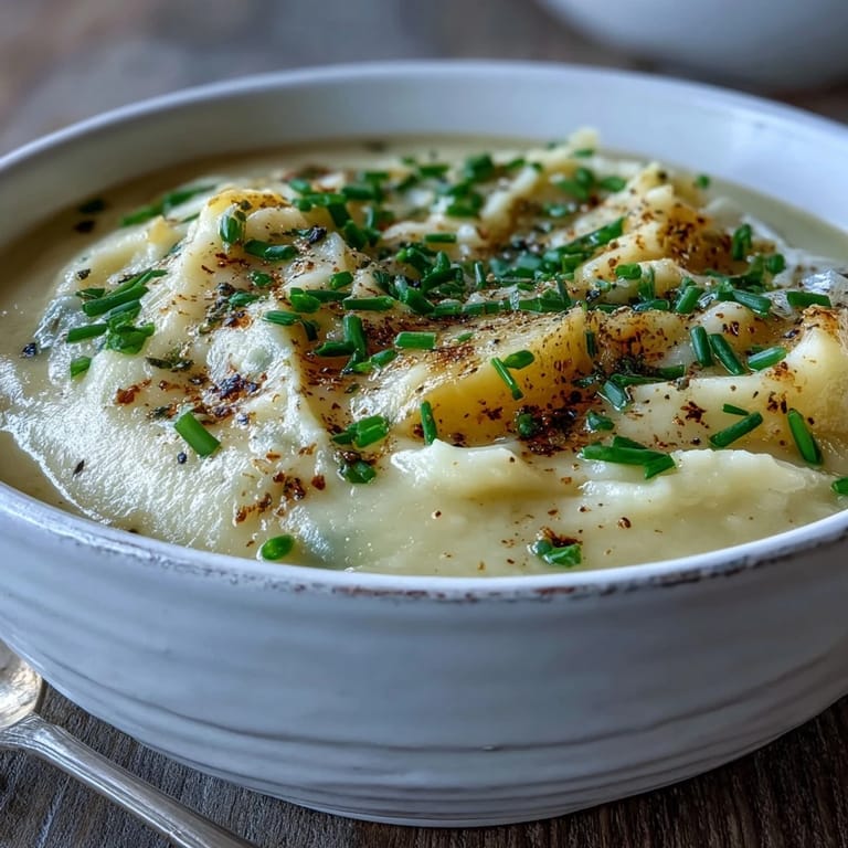 Steaming bowl of Potato Leek Soup topped with crispy bacon bits and a side of crusty bread, perfect for cozy lunches.