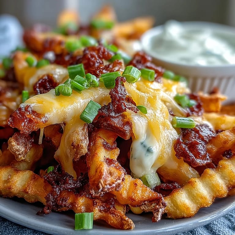 A close-up of Cheesy BBQ Fries with Ranch Dip, featuring gooey cheese and fresh green onions on a platter.