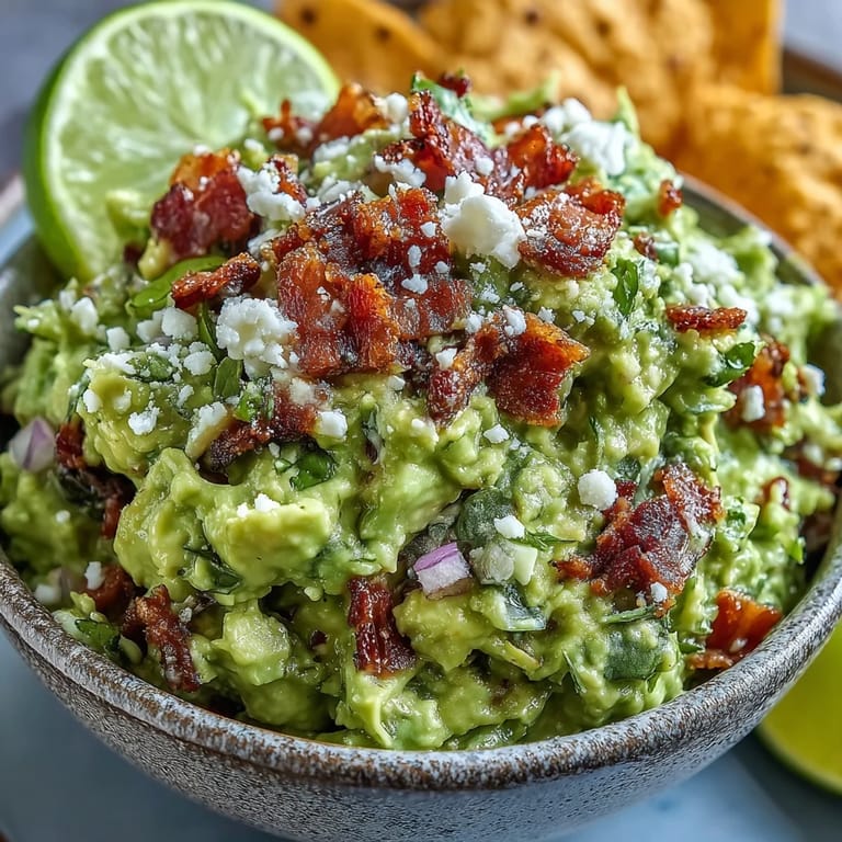 A close-up of Bacon Guacamole With Cotija Cheese shows smoky bacon bits, diced tomato, and jalapeño folded into rich avocado, served with crunchy tortilla chips.  