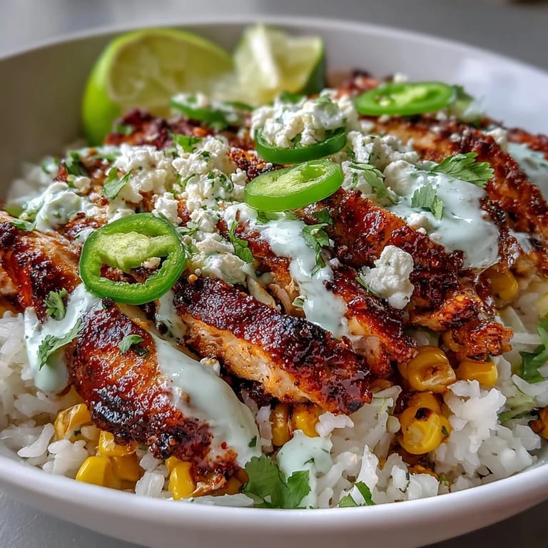 Steamy rice topped with chili-lime chicken and charred corn, garnished with cilantro and cotija, drizzled with crema, served with lime wedges as a Street Corn Chicken and Rice Bowl.