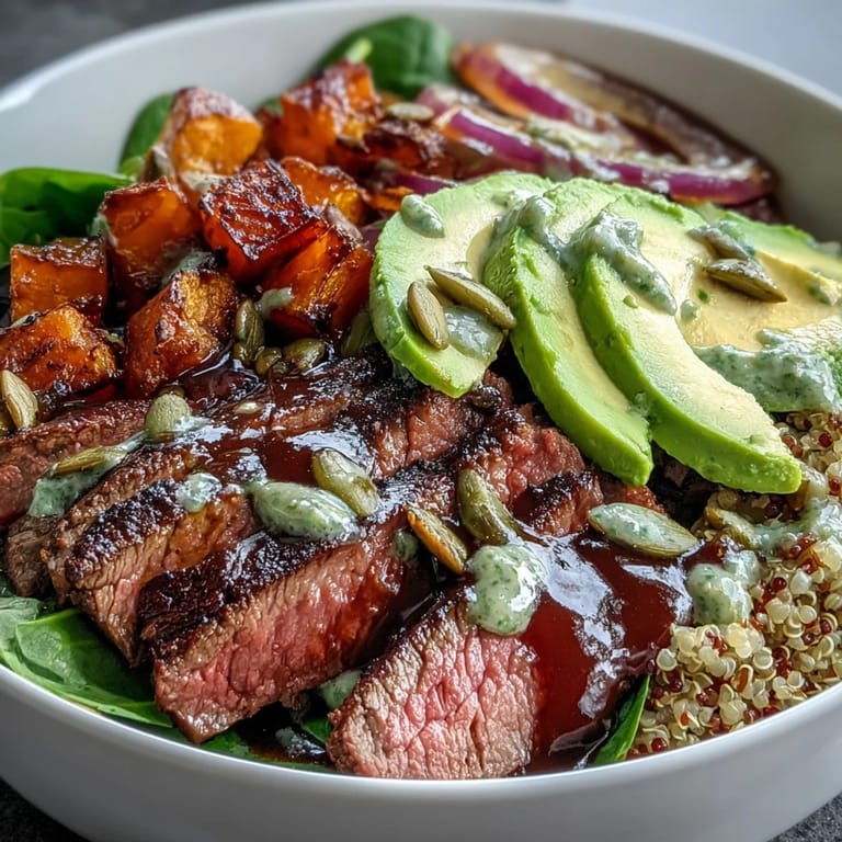 A close-up of butternut squash steak bowls drizzled with zesty lime-cilantro dressing and garnished with fresh herbs and red onion.