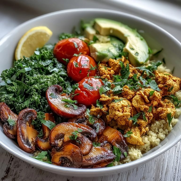 Savory scrambled tofu with sautéed mushrooms and fresh kale served in a white bowl for a healthy morning meal.