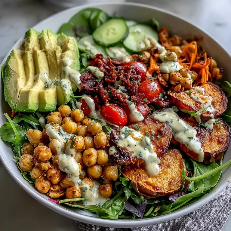 A hearty serving of the vibrant Breakfast Buddha Bowl features crispy chickpeas and fresh veggies for an energizing morning meal.
