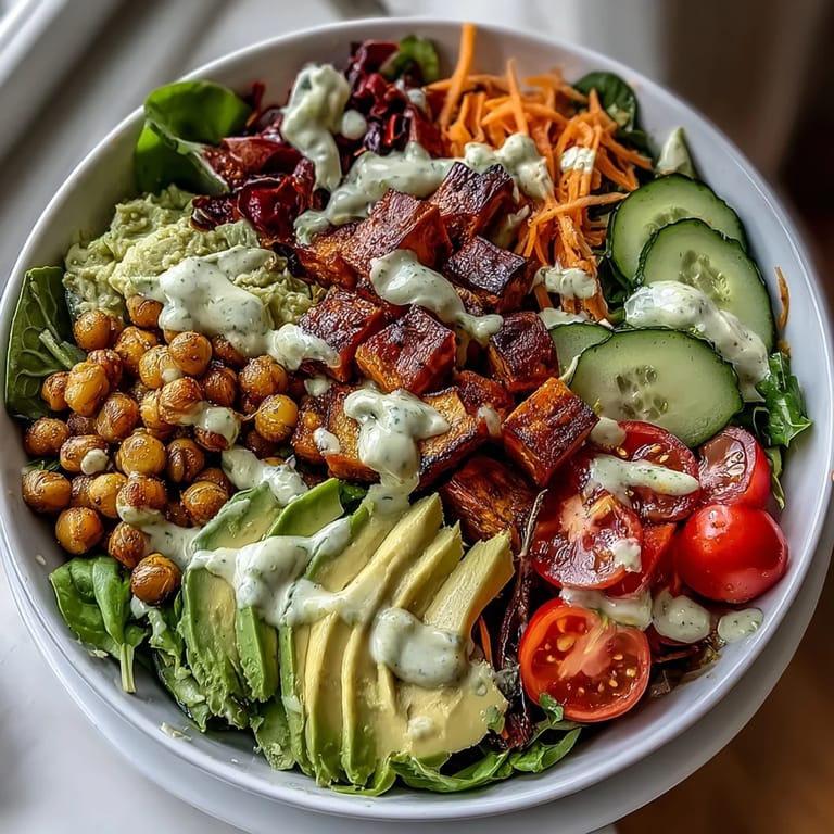 Golden roasted chickpeas and tender sweet potatoes top this wholesome, vegan Breakfast Buddha Bowl with fresh greens and sliced cucumbers.