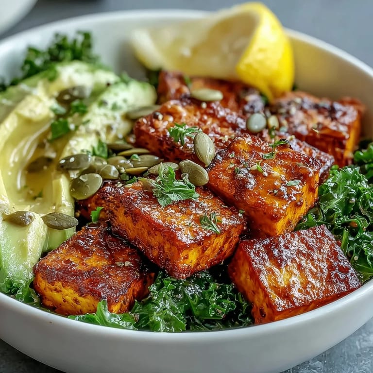 Sliced avocado and bright green kale rest atop golden turmeric tofu in this nourishing Tofu Breakfast Bowl.