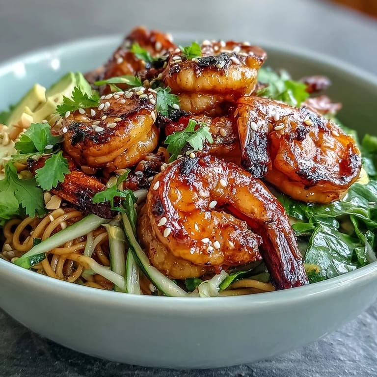 A close-up of a savory Grilled Shrimp Asian Noodle Bowl revealing juicy shrimp and creamy avocado slices nestled in sesame-infused noodles.
