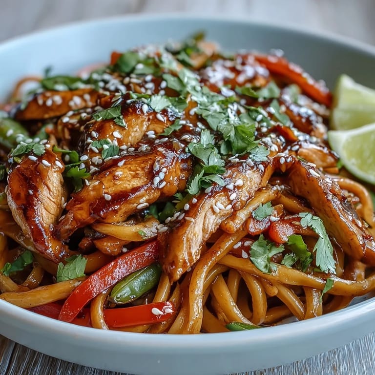 Close-up of a Sesame Chicken Noodle Bowl with udon, red bell pepper, carrots, and snap peas tossed in glossy sauce.