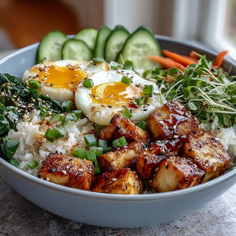 Zesty ginger scallion sauce drizzles over steamed rice, seasoned tofu, cucumbers, and soft-boiled eggs in this nourishing Tofu Jammy Egg Breakfast Bowl.