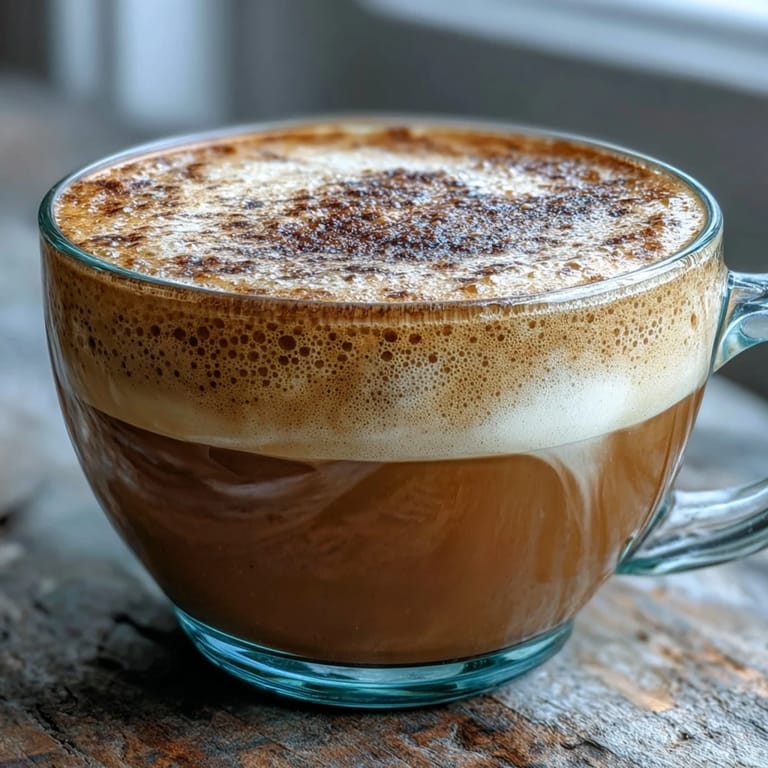 Delicious Hojicha Flat White served on a wooden board, highlighting its toasty color.