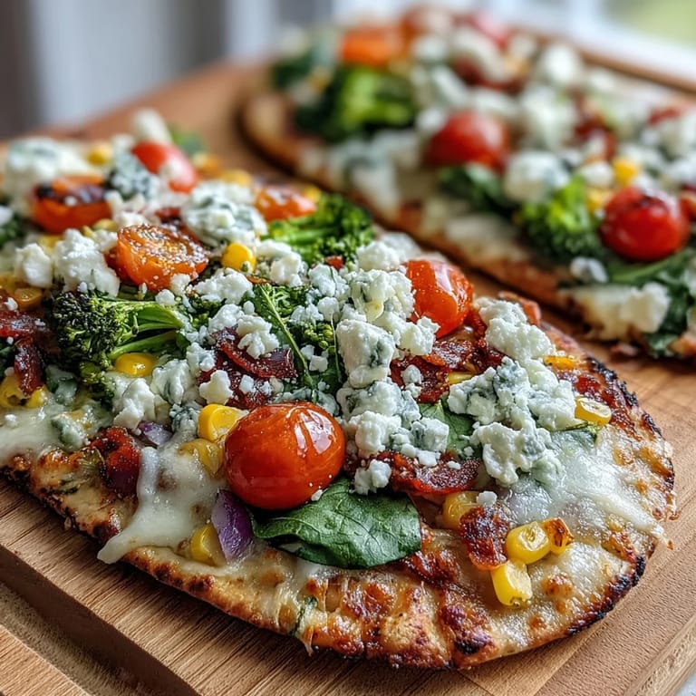 Healthy St. Patrick's Day Rainbow Veggie Flatbread Pizza topped with crisp broccoli, cherry tomatoes, and purple cabbage for a nutritious celebration.
