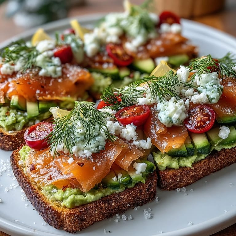 2. A vibrant avocado toast board featuring smoked salmon, ripe tomatoes, and crisp cucumber slices, ideal for a fresh spring brunch gathering.