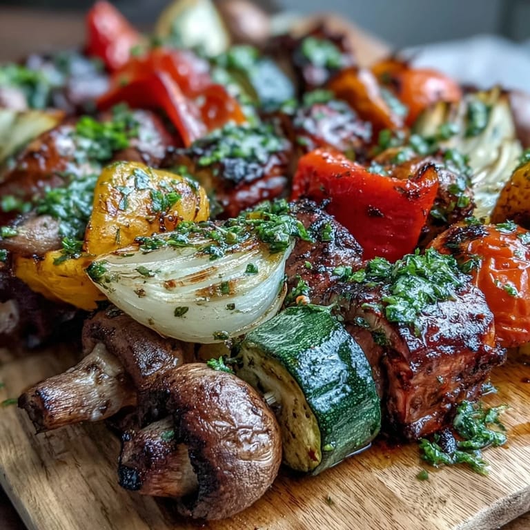 Charred vegetable skewers with chimichurri sauce, featuring tender eggplant, onions, and cherry tomatoes arranged on a rustic wooden platter.