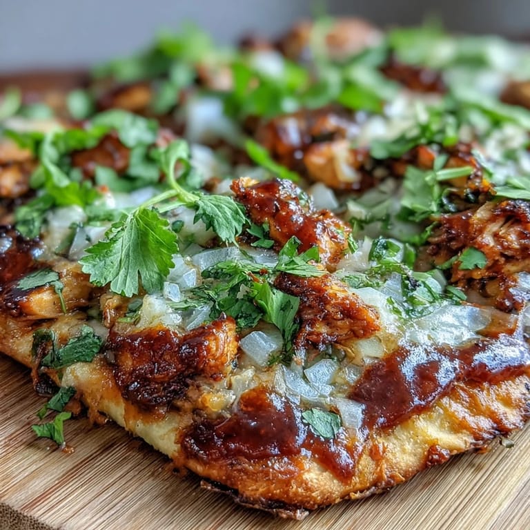 Easy BBQ chicken flatbread pizza topped with vibrant veggies, drizzled with tangy sauce, perfect for summer gatherings.
